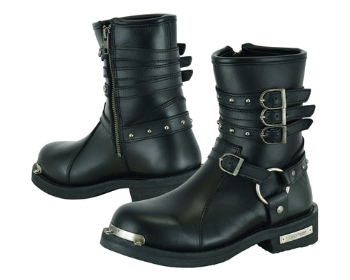 DS9767 Women's 9 Inch Black Triple Buckle Leather Harness Boots